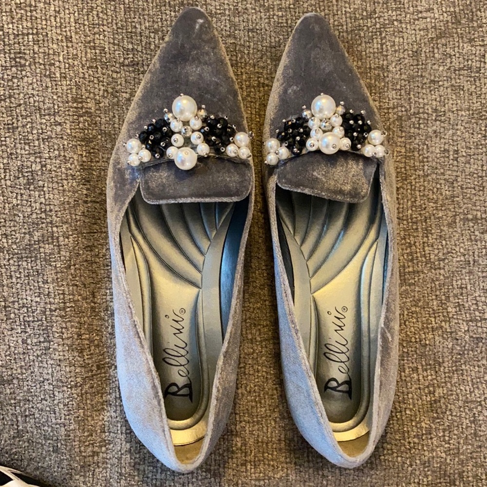 Grey/silver velveteen  with pearl embellishments.